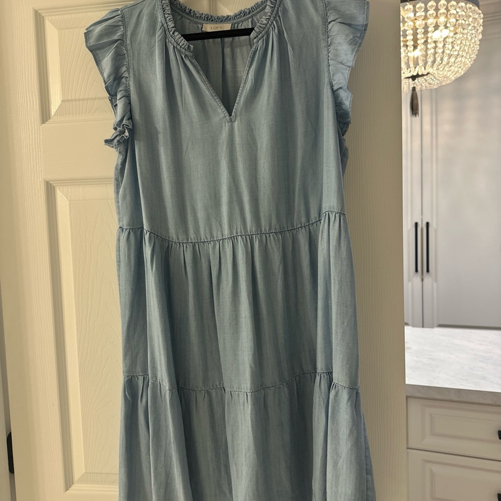 LOFT Sky Blue Midi Dress with Ruffle Sleeves